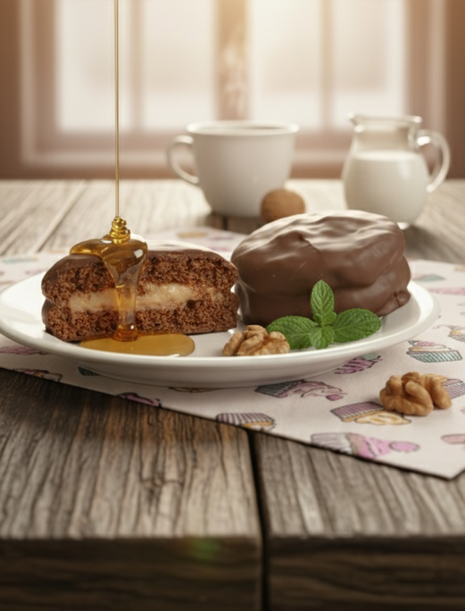 [Imagem de um pão de mel artesanal com cobertura de chocolate brilhante e recheio cremoso aparente.]